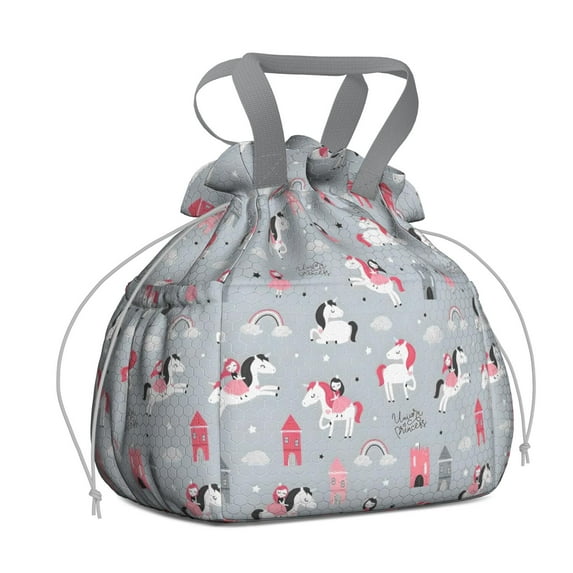 Unicorn Princess Castle Pattern Drawstring Lunch Bag Women - Drawstring Lunch Bag Insulated for Work Office - Stain-Resistant Large Lunchbags for Women with Multi-Pockets