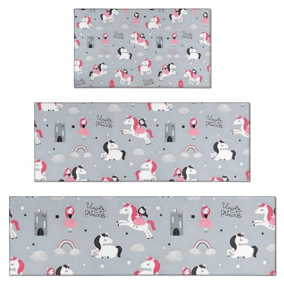 Unicorn Princess Castle Pattern Kitchen Rugs Sets Of 3,Kitchen Runner Rugs Non Skid Washable,Decorative Kitchen Floor Mats for Kitchen,Sink,Laundry,17"x30"+ 17"x47" + 17"x59"