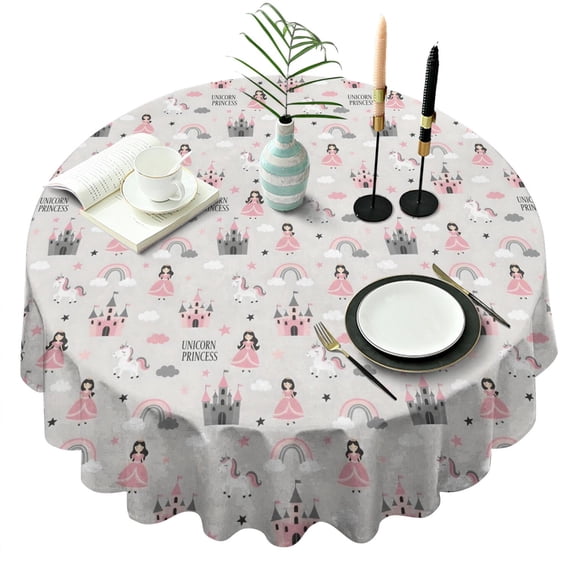 Unicorn Princess Castle Pattern Round Tablecloth 60"x60",Wrinkle Wipeable Table Cloth for Kitchen Dining Room Picnic Patio Party