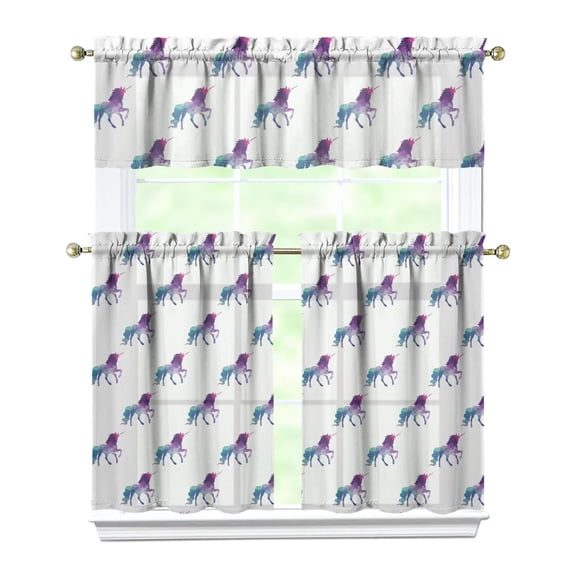 Unicorn Print 3-Piece Kitchen Curtains Set, Rainbow Mythical Horse Tier Curtains & Valance, Cute Cartoon Pattern Semi-Sheer Rod Pocket Window Panels