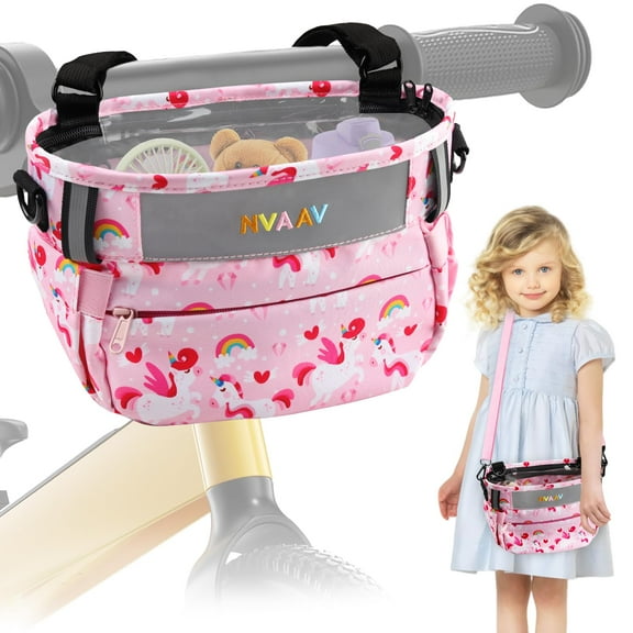 Unicorn Print Front Bike Basket for Girls, 4L Children's Handlebar Bag with Transparent Waterproof Cover & Detachable Strap, Pink
