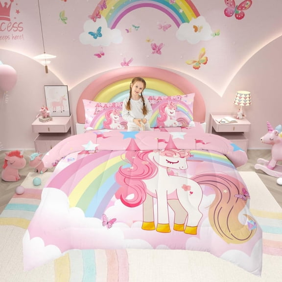 Unicorn Queen Comforter Set for Girls Kids Rainbow Princess Pink Unicorn Bedding Set Teens Adult Kawaii Cute Castle Stars Bed Sets Cartoon Reversible Quilt Fantasy Girls Room Decor