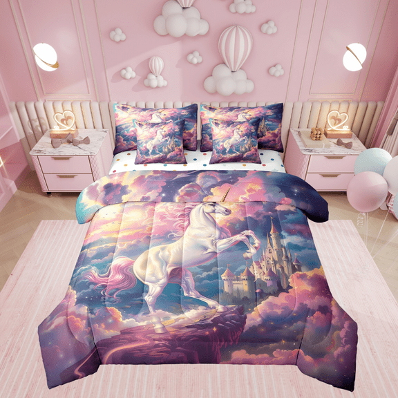 Unicorn Queen Size Bedding 7Pcs Unicorn Sheets 3D Purple Dreamy Horse Kids Sheets Lovely Castle Pink Clouds Comforter with 2 Sheets,2 Pillowcases,2 Throw Pillow Covers(Unicorn Stars Reversible)