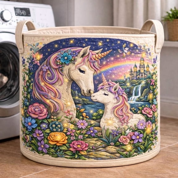 Unicorn Quilted Laundry Basket, Fantasy Laundry Hamper with Rainbow Castle Design, Cute Fabric Laundry Storage Bin Decor