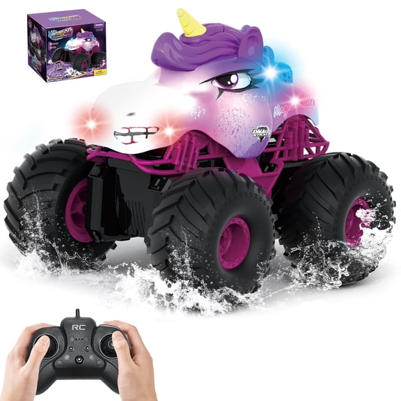 Monster RC Truck, Amphibious Remote Control Car,1:18 All Terrain off Road Vehicle for Kids, 360 ° Rotation Stunt Car with LED Light