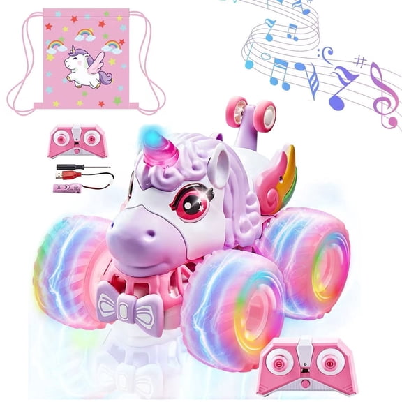 Unicorn RC Stunt Car for Girls, 4WD Remote Control Car with Cool Lights & Dynamic Music, 360 Rotating Off-Road Toy Car, Birthday Christmas Gift for Kids Ages 3+