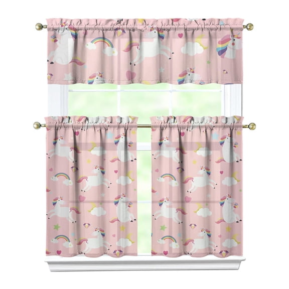 Unicorn & Rainbow 3-Piece Kitchen Curtains Set, Mythical Horse Tier & Valance, Cute Cartoon Print Semi-Sheer Rod Pocket Window Panels for Small Windows