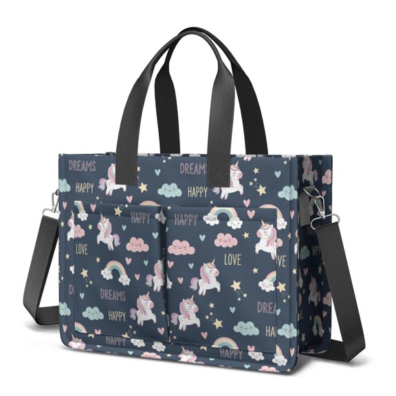 Unicorn and Rainbow Blue Pattern Canvas Messenger Tote Bag, Nurse Handbag with Multi Pockets & Removable Strap, Large Capacity Gifts for Birthday Christmas Thanksgiving