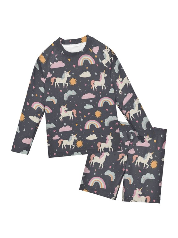 Unicorn Rainbow Cloud Pattern Boys' Bathing Suit UPF 50+ Boys' Rash Guard Sets Stretchy Quick Dry 3T-10T
