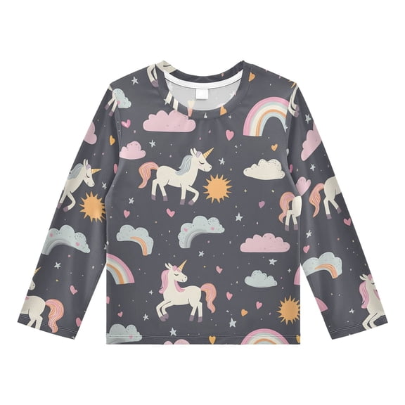 Unicorn Rainbow Cloud Pattern Boys' Rash Guard Shirts UPF 50 Plus Sun Protection Short Sleeve Swim Tees 7-8T