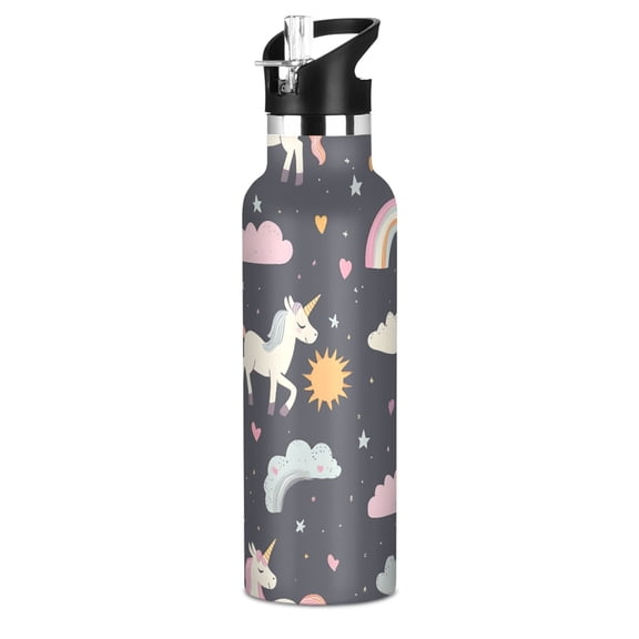 Unicorn Rainbow Cloud Pattern Sport Water Bottle for Kids Insulated with Straw for School Outdoor Daily Use