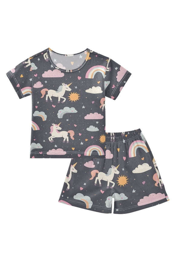 Unicorn Rainbow Cloud Pattern Summer Pajama Set Soft Cotton Short Sleeve Sleepwear 2PCS Pajama Sets Breathable Lounge Set Size 14Y