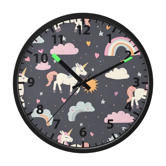 Unicorn Rainbow Cloud Pattern Wall Clock 12 Inch Voice Activated Night Light Silent Non Ticking