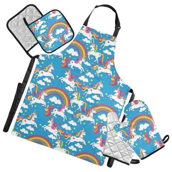 Unicorn Rainbow Cloud Star 5 Pcs Kitchen Set Heat Resistant Oven Mitts and Non-Slip Pot Holders with Adjustable Cooking Apron