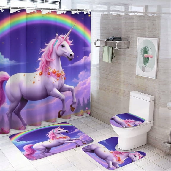Unicorn Rainbow Fantasy Shower Curtain Bathroom Sets Toilet Lid Rug, Bath Mat And Contour Mat, Shower Curtain 4Pcs