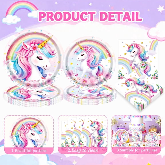 Unicorn Rainbow Flower Party Supplies Set - Magical Themed Paper Plates & Napkins Combo for Festive Gatherings