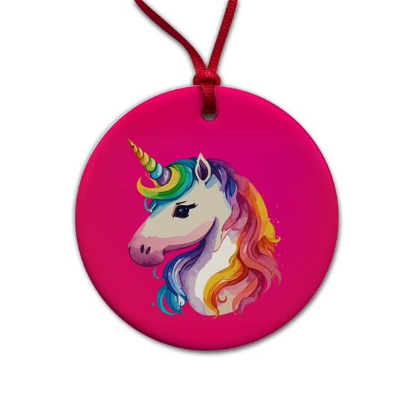 Unicorn Rainbow Hair Horn Christmas Tree Holiday Round Ceramic Ornament