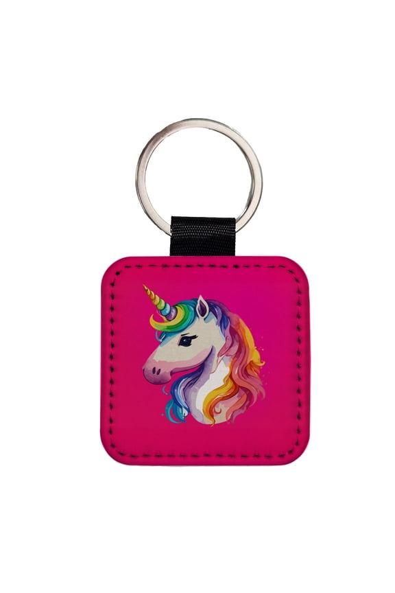 Unicorn Rainbow Hair Horn Faux Leather Square Keychain
