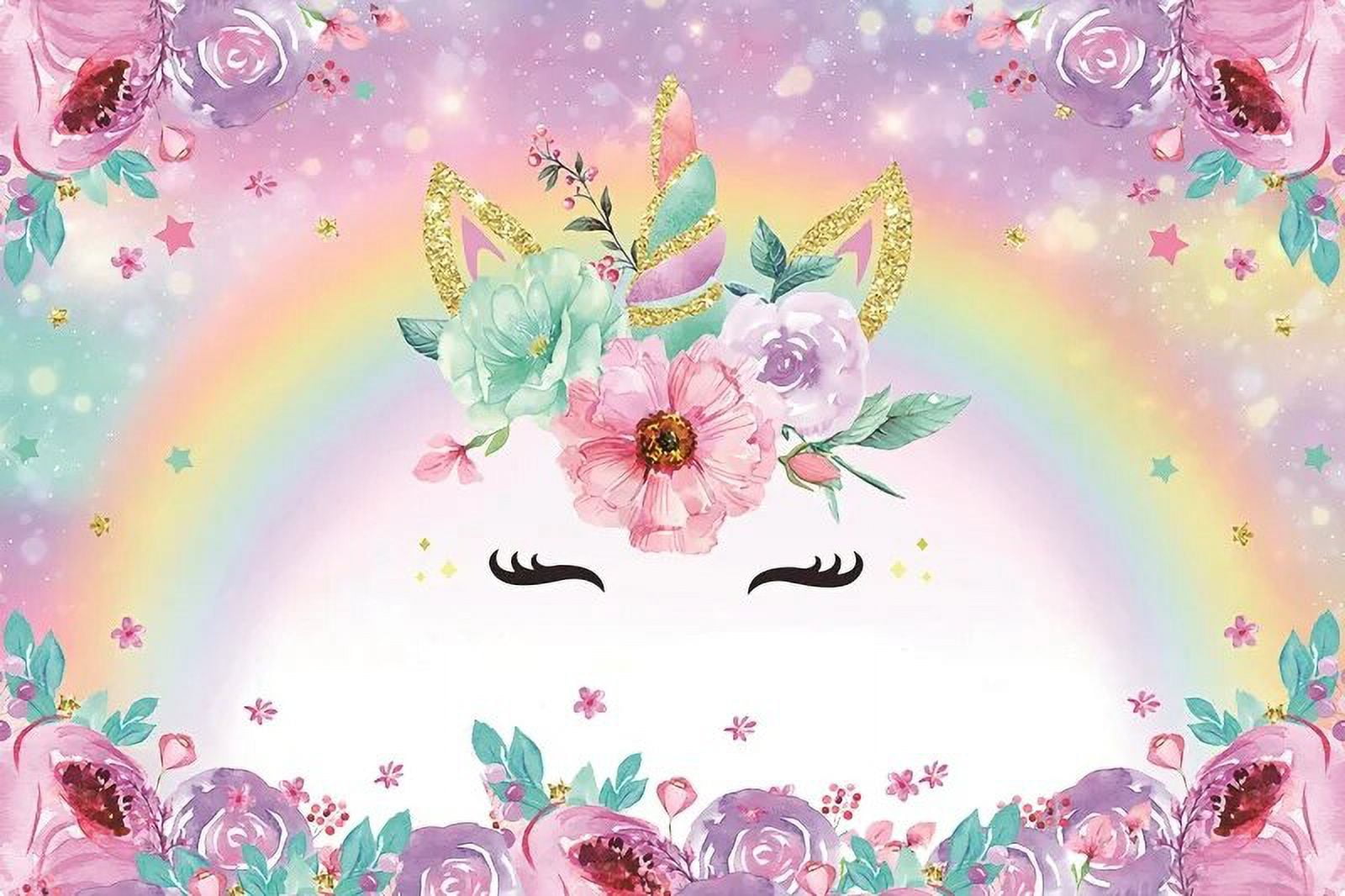 Unicorn Rainbow Happy Birthday Party Backdrop Balloon Flower Gold ...