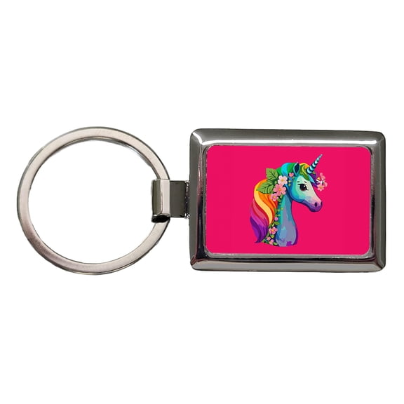 Unicorn Rainbow Head Flowers Metal Rectangle Keychain