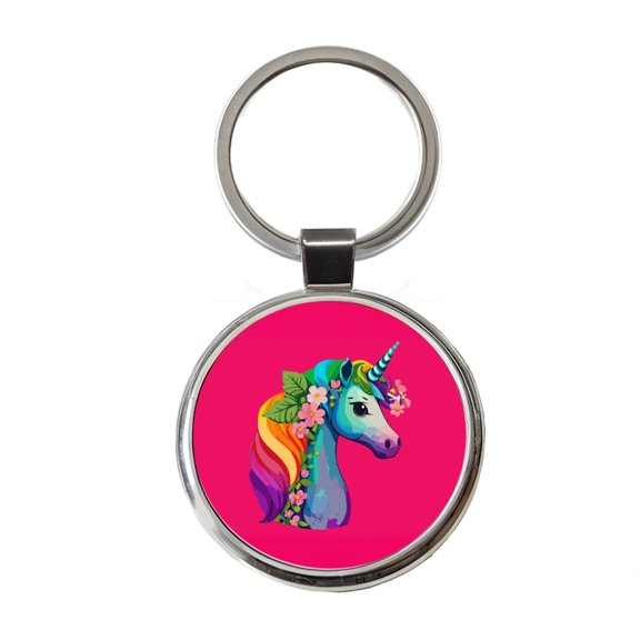 Unicorn Rainbow Head Flowers Metal Round Keychain