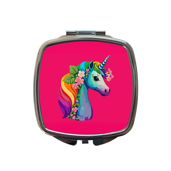 Unicorn Rainbow Head Flowers Travel Makeup Handbag Purse Small Pocket Compact Mirror