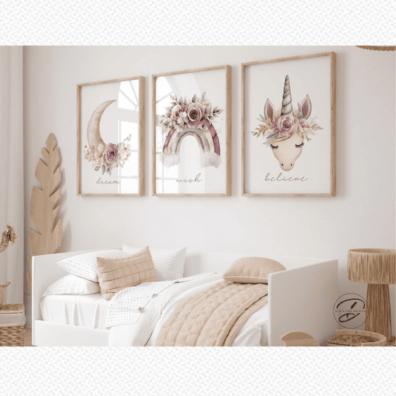 Unicorn Rainbow Moon Floral Girl Bedroom Poster Prints , Poster Only