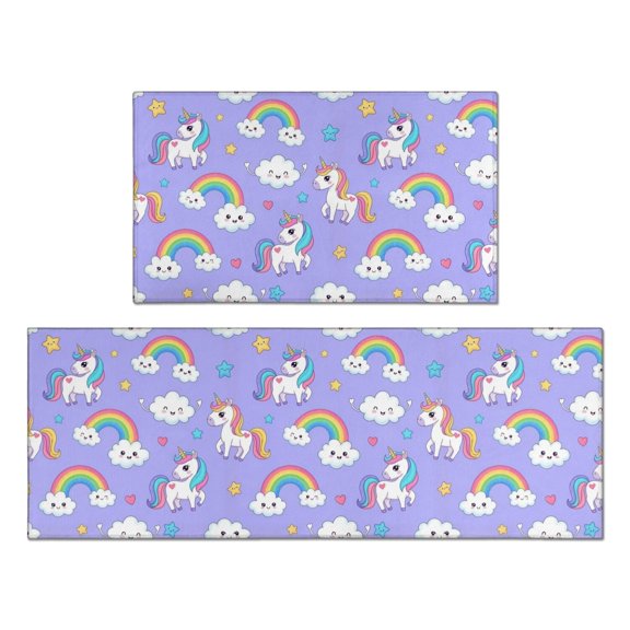 Unicorn and Rainbow Purple Pattern Anti Fatigue Kitchen Rugs Set Of 2, Non Slip Washable Decorative Floor Mats for Kitchen Sink Laundry, 17"x30" and 17"x47"