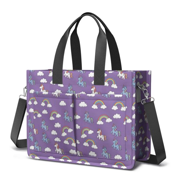 Unicorn and Rainbow Purple Pattern Canvas Messenger Tote Bag, Laptop Shoulder Bag with Multi Pockets & Removable Strap, Durable Canvas Gifts for Birthday Christmas Thanksgiving