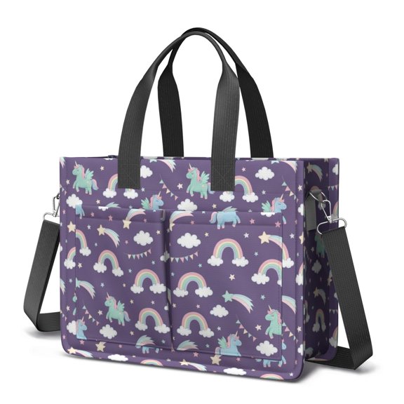 Unicorn and Rainbow Purple Pattern Canvas Messenger Tote Bag, Nurse Handbag with Multi Pockets & Removable Strap, Durable Canvas Gifts for Women Men Teacher Nurse