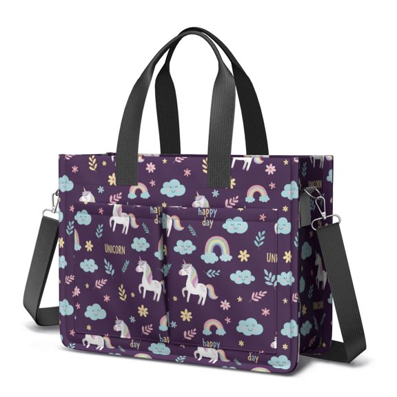 Unicorn and Rainbow Purple Pattern Canvas Messenger Tote Bag, Work Tote with Multi Pockets & Removable Strap, Magnetic Closure Gifts for Work Travel Shopping