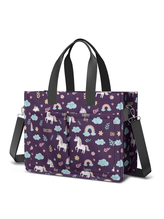 Unicorn and Rainbow Purple Pattern Canvas Messenger Tote Bag, Work Tote with Multi Pockets & Removable Strap, Magnetic Closure Gifts for Work Travel Shopping