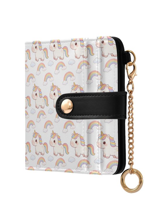 Unicorn Rainbow Small Wallet for Women RFID Blocking Bifold PU Leather Credit Card Holder with Zipper Coin Pocket Compact Cute Travel Purse Magnetic Snap 7 Card Slots