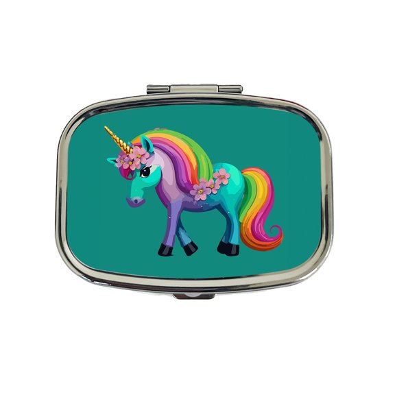 Unicorn Rainbow Standing Flowers Small Travel Handbag Pill Box Case