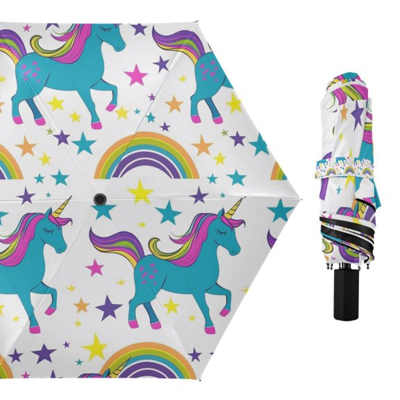 Unicorn Rainbow Stars Compact Sun Umbrella Windproof Travel Umbrellas for Rain Strong Portable UV Protection