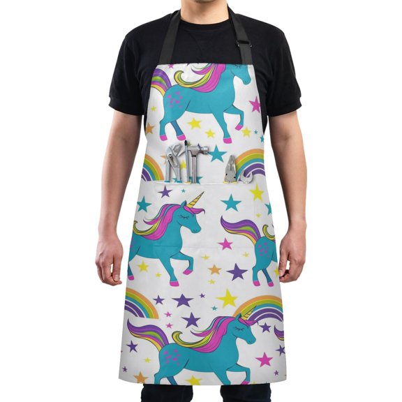 Unicorn Rainbow Stars Kitchen Apron with 2 Pockets Adjustable waterproof Cooking Aprons for Women Men Chef