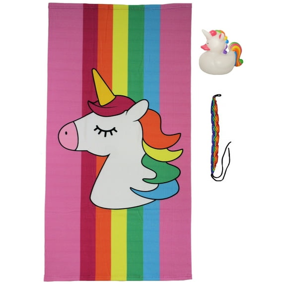 Unicorn Rainbow Stripe Beach or Bath Towel, Unicorn Rubber Ducky & Friendship Bracelet Bundle Set, Unicorn Lover