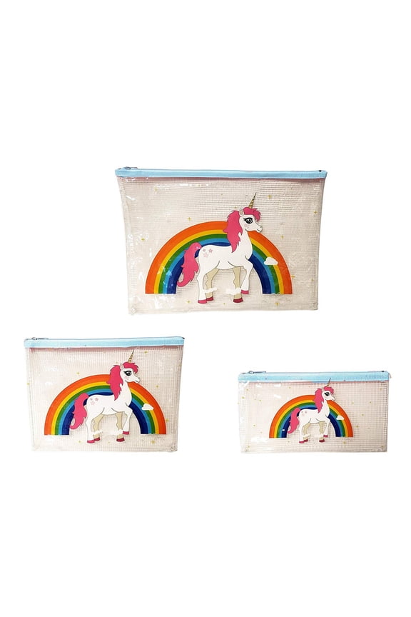 Unicorn Rainbow Transparent Clear Zipper Pouch Set of 3 Bags Blue