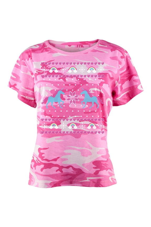 Unicorn Rainbow Ugly Christmas Sweater Juniors T Shirt Pink Camouflage SM