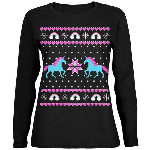 Unicorn Rainbow Ugly Christmas Sweater Ladies' Relaxed Jersey Long-Sleeve Tee Black SM