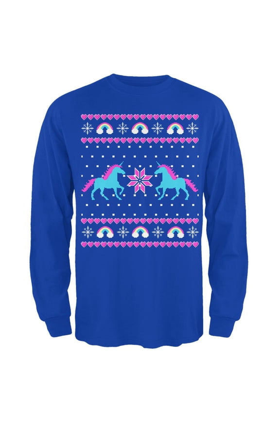 Unicorn Rainbow Ugly Christmas Sweater Mens Long Sleeve T Shirt Royal 3X-LG