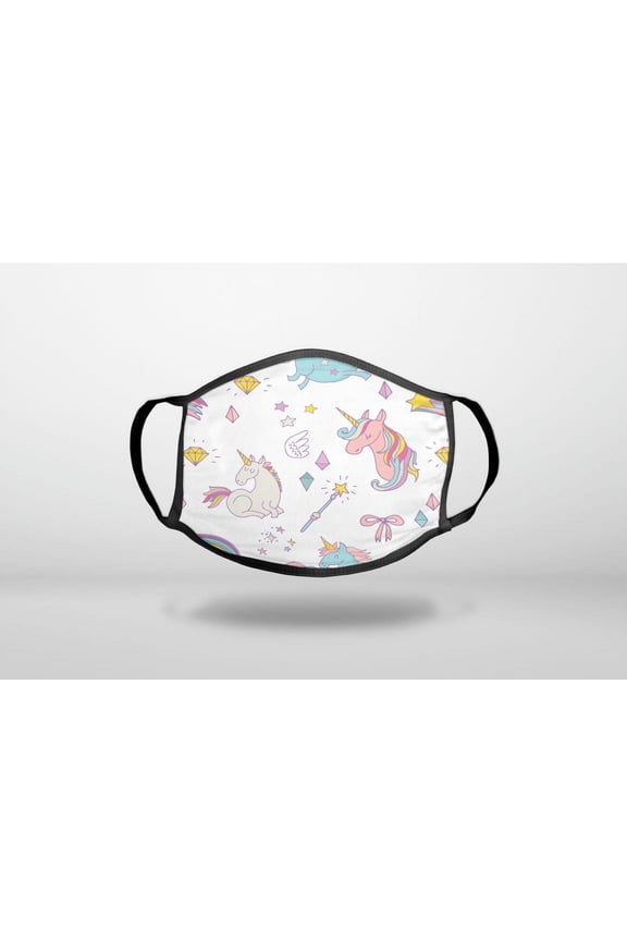 Unicorn Rainbow Wand Pattern - White - 3-Ply Reusable Soft Cloth Face Covering, Unisex, Cotton Inner Layer