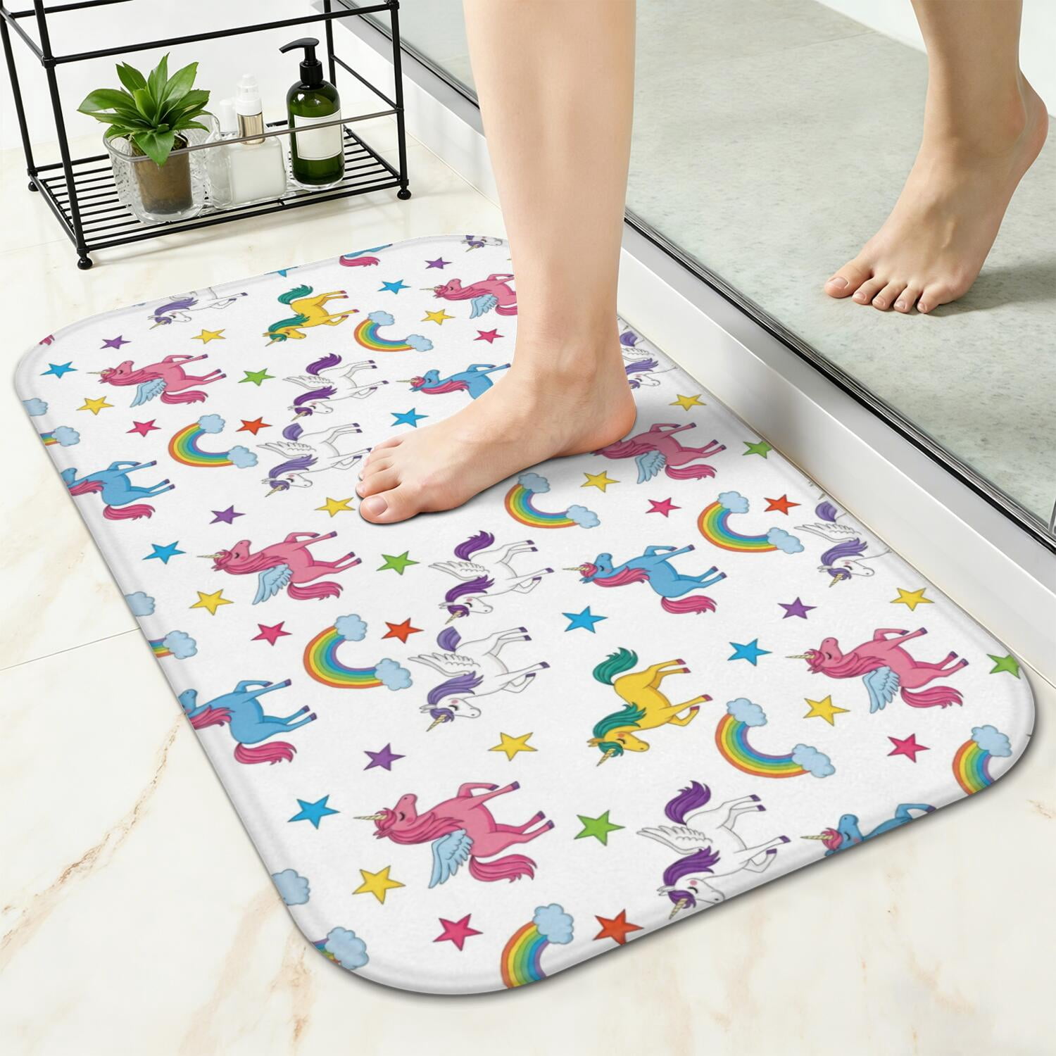 Unicorn and Rainbow White Pattern Non-Slip Bath Mat, Shower Room Rug ...