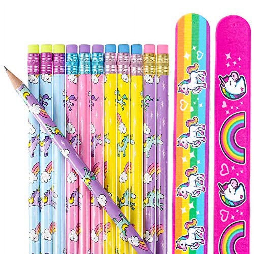 Unicorn & Rainbows Pencils With Eraser 24 Pack and 2 Unicorn Slap