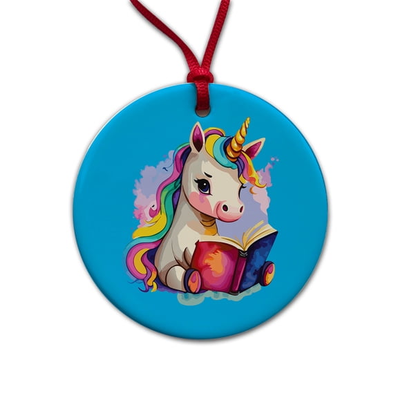 Unicorn Reading Book Reader Christmas Tree Holiday Round Ceramic Ornament