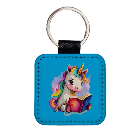 Unicorn Reading Book Reader Faux Leather Square Keychain
