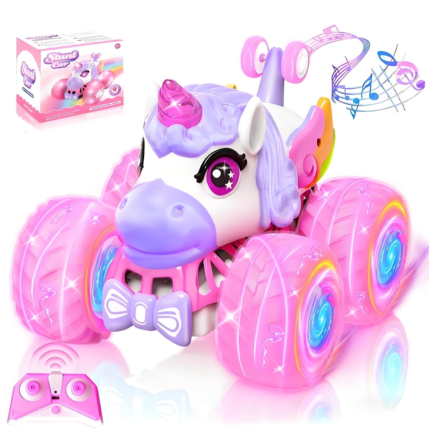 OFUN Unicorn Remote Control Car 360Stunt RC Monster Truck Gift for Girls Kids, Age 2+, with 2 Rechargeable Batteries,LED Lights, Music, Pink