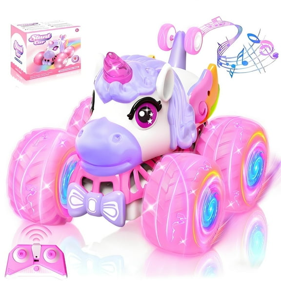 OFUN Unicorn Remote Control Car 360Stunt RC Monster Truck Gift for Girls Kids, Age 2+, with 2 Rechargeable Batteries,LED Lights, Music, Pink