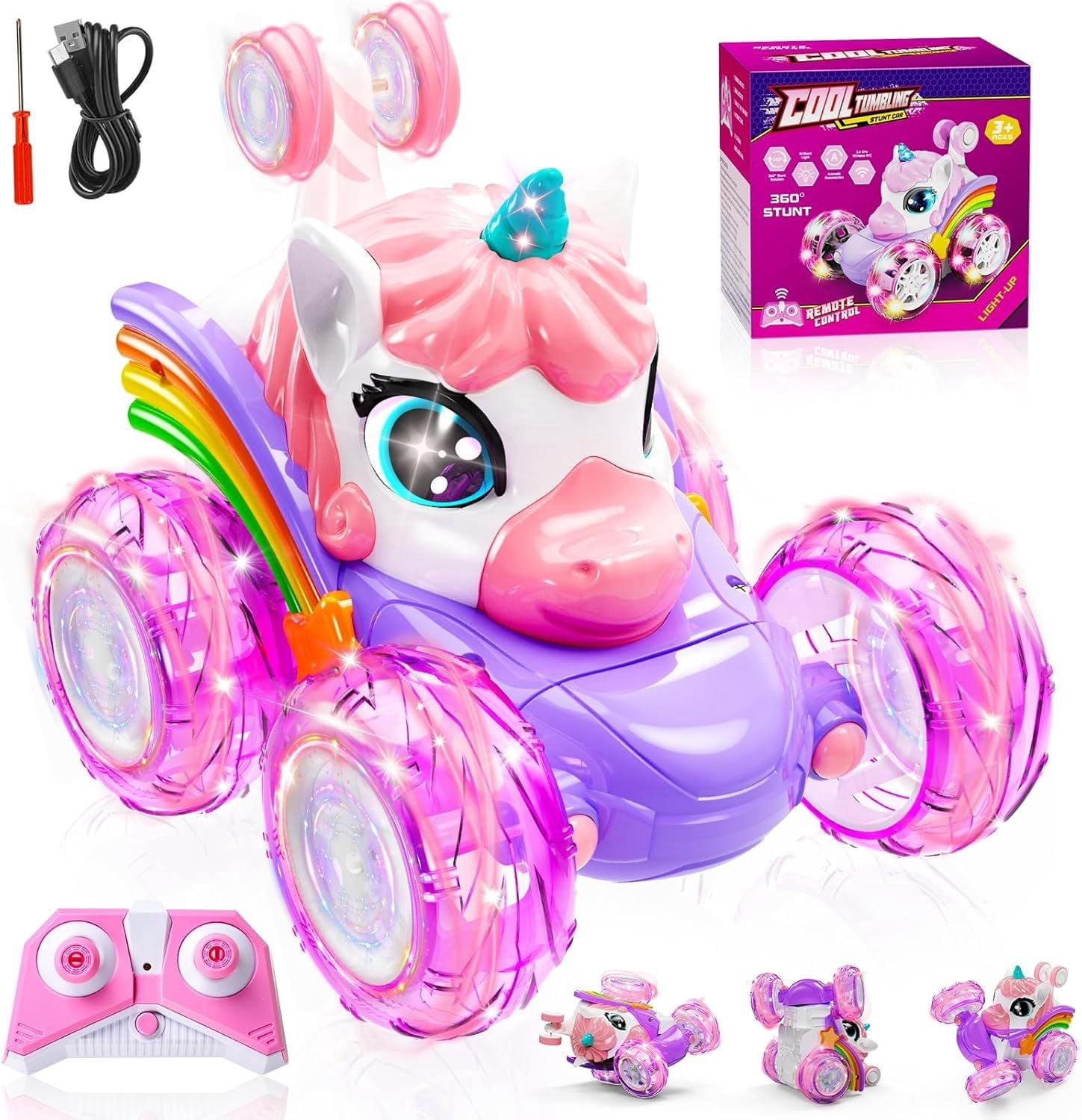 Unicorn Remote Control Car for Girls,360° Rotating RC Stunt Car with LED Lights Car Toys for 6 7 8 9 10 11 12 Girls Birthday Gift