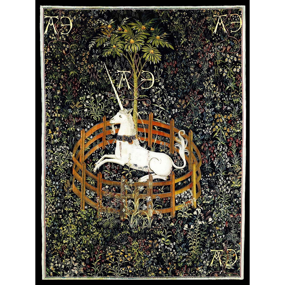 The unicorn rests in a garden tapestry sale